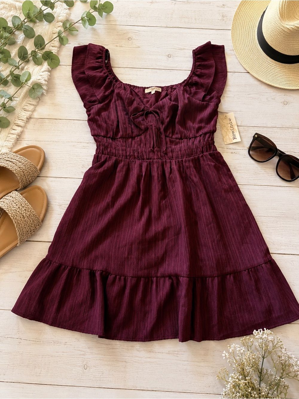 NWT Rewind Burgundy Flutter Sleeve Smocked Mini Dress | Size Large